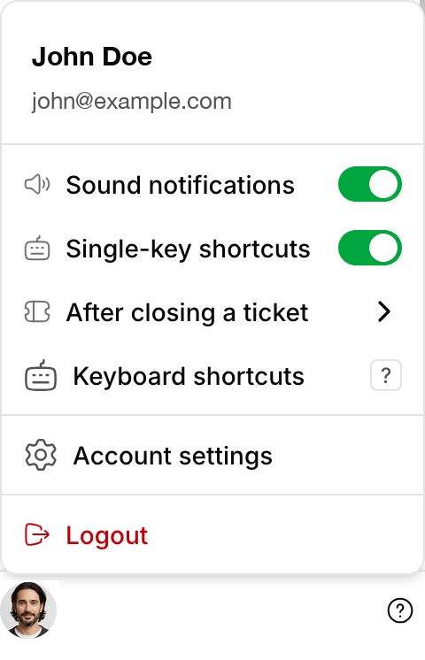 Profile menu with sound notifications, single-key shortcuts, after closing a ticket, keyboard shortcuts, account settings and logout