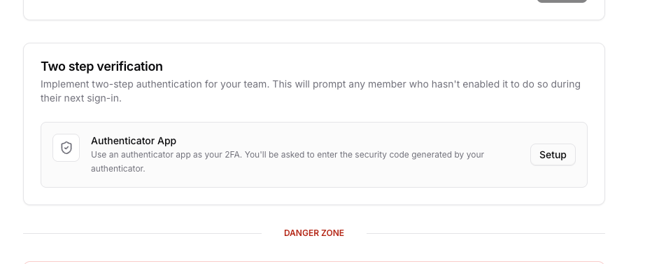 Account settings page showing the Two-step verification section in Chatbase