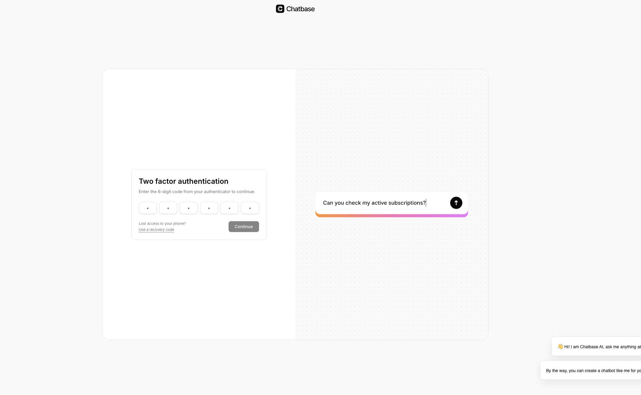 Two-factor authentication challenge page in Chatbase with fields for authenticator code and a link to use a recovery code