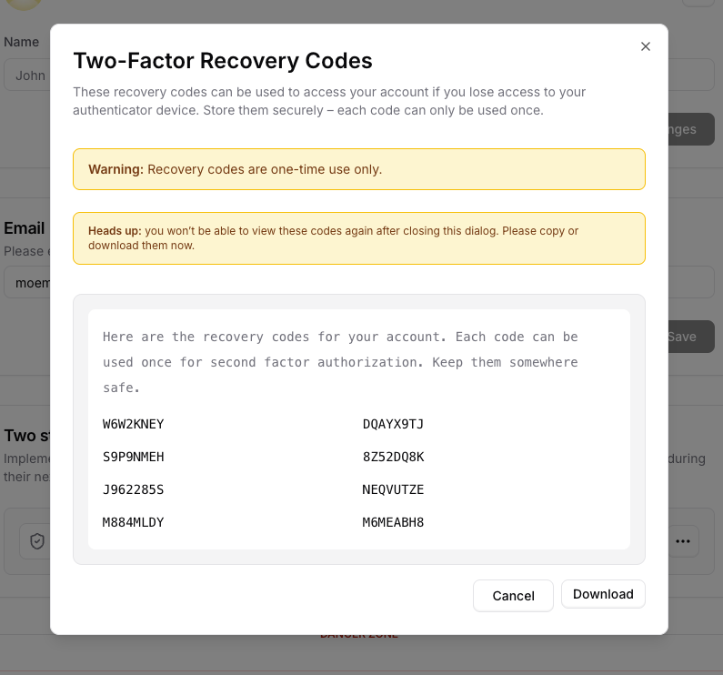 Manage recovery codes dialog in Chatbase showing a list of one-time backup codes with copy and download options