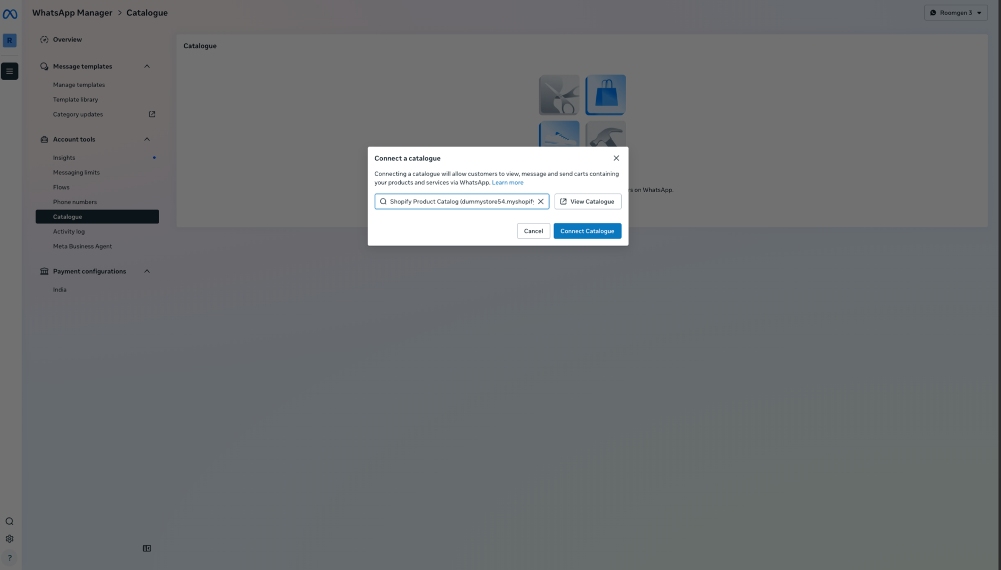 Connect a catalogue dialog with catalog selected