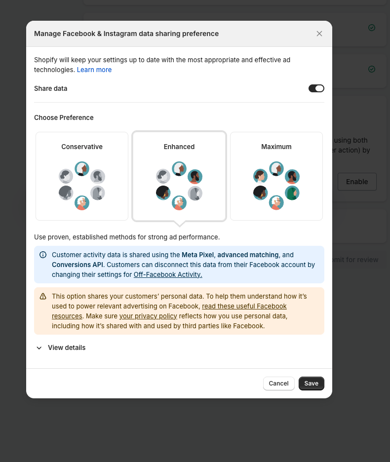 Data sharing preference dialog