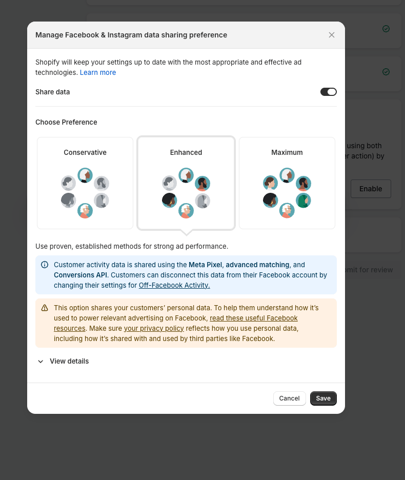 Data sharing preference dialog