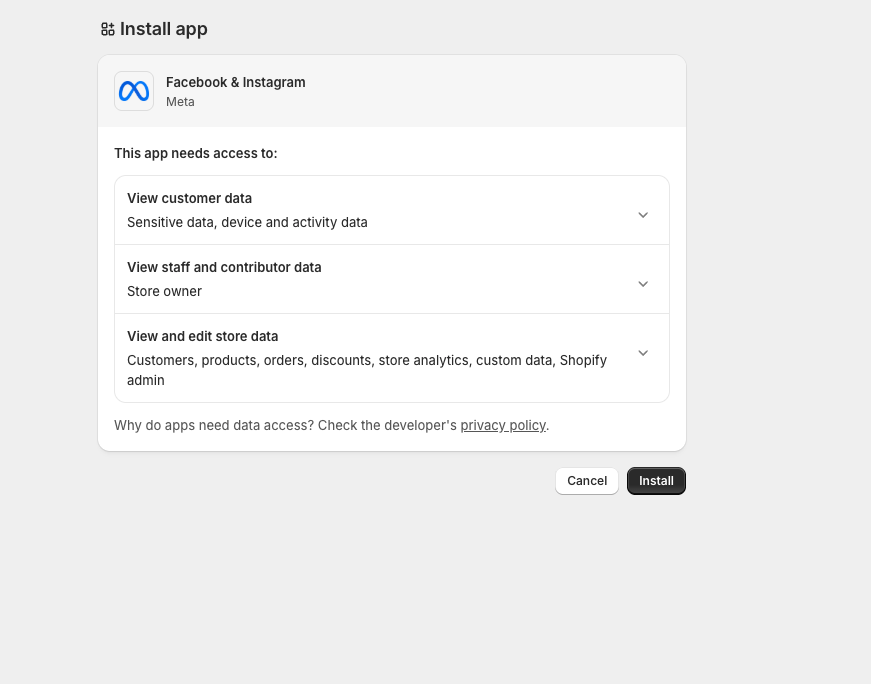 Install app permissions dialog