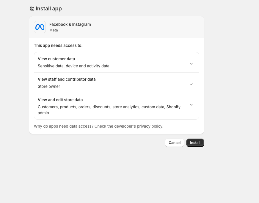 Install app permissions dialog