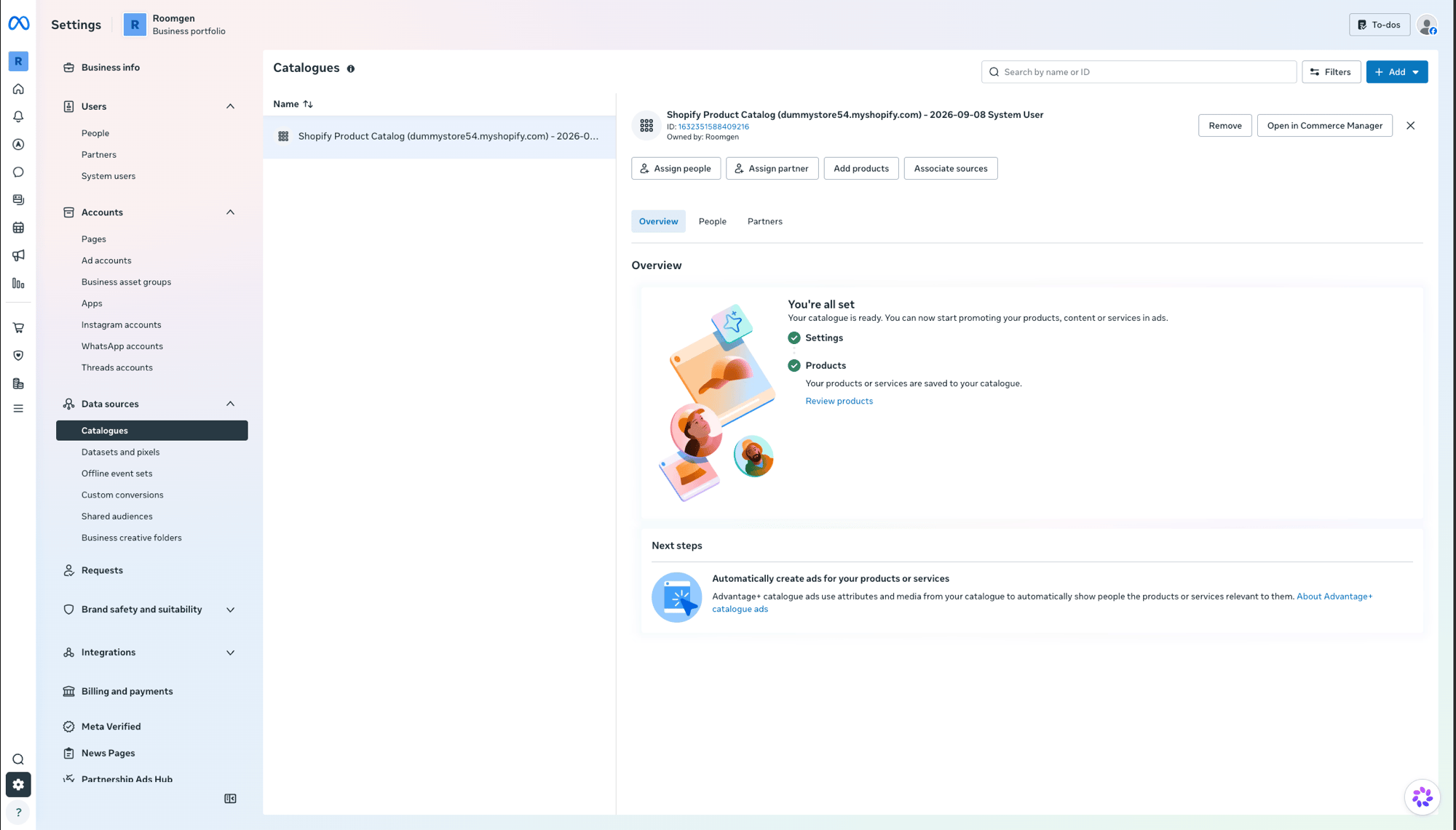 Meta Business Settings Catalogues page