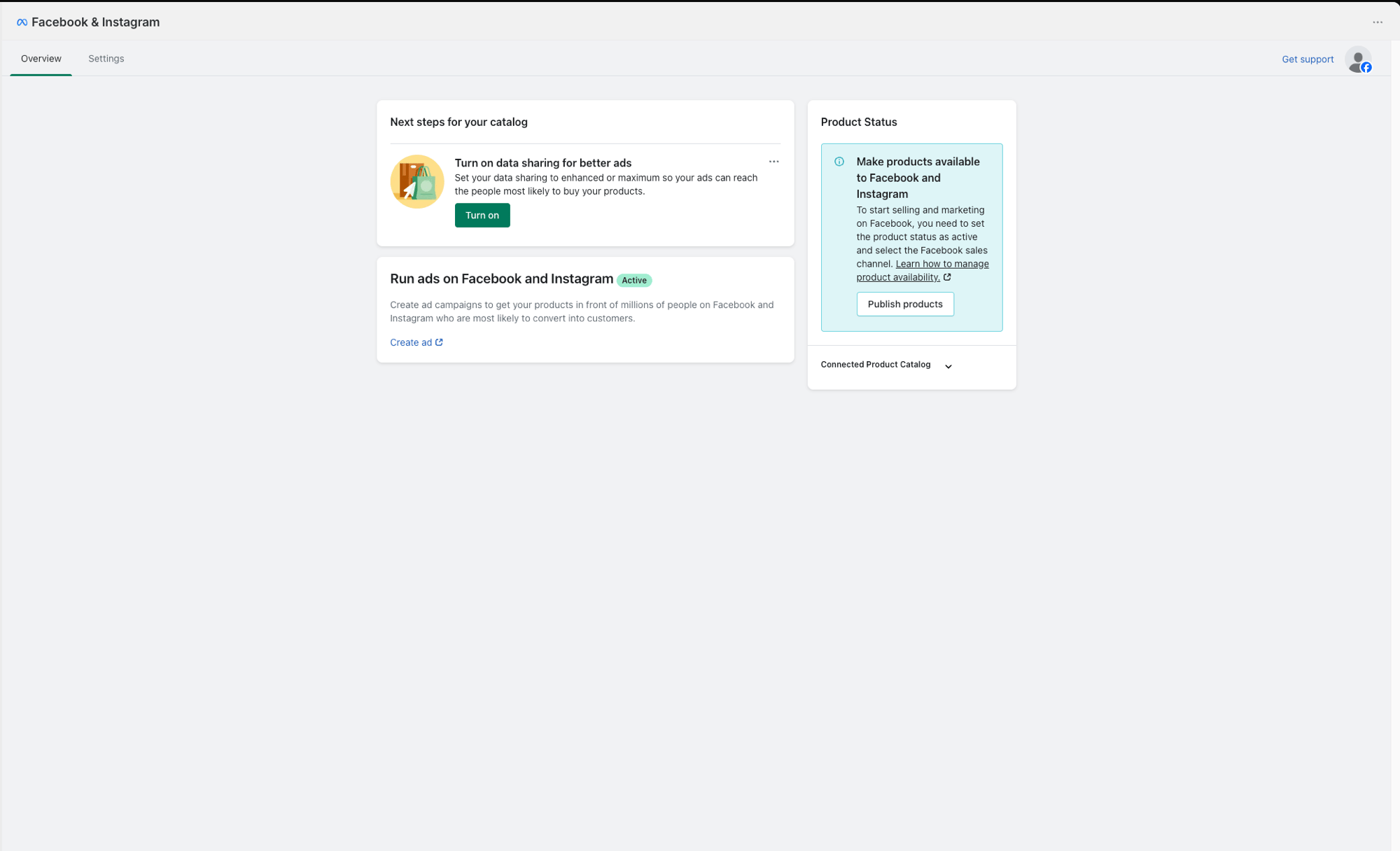 Product Status card with Publish products button