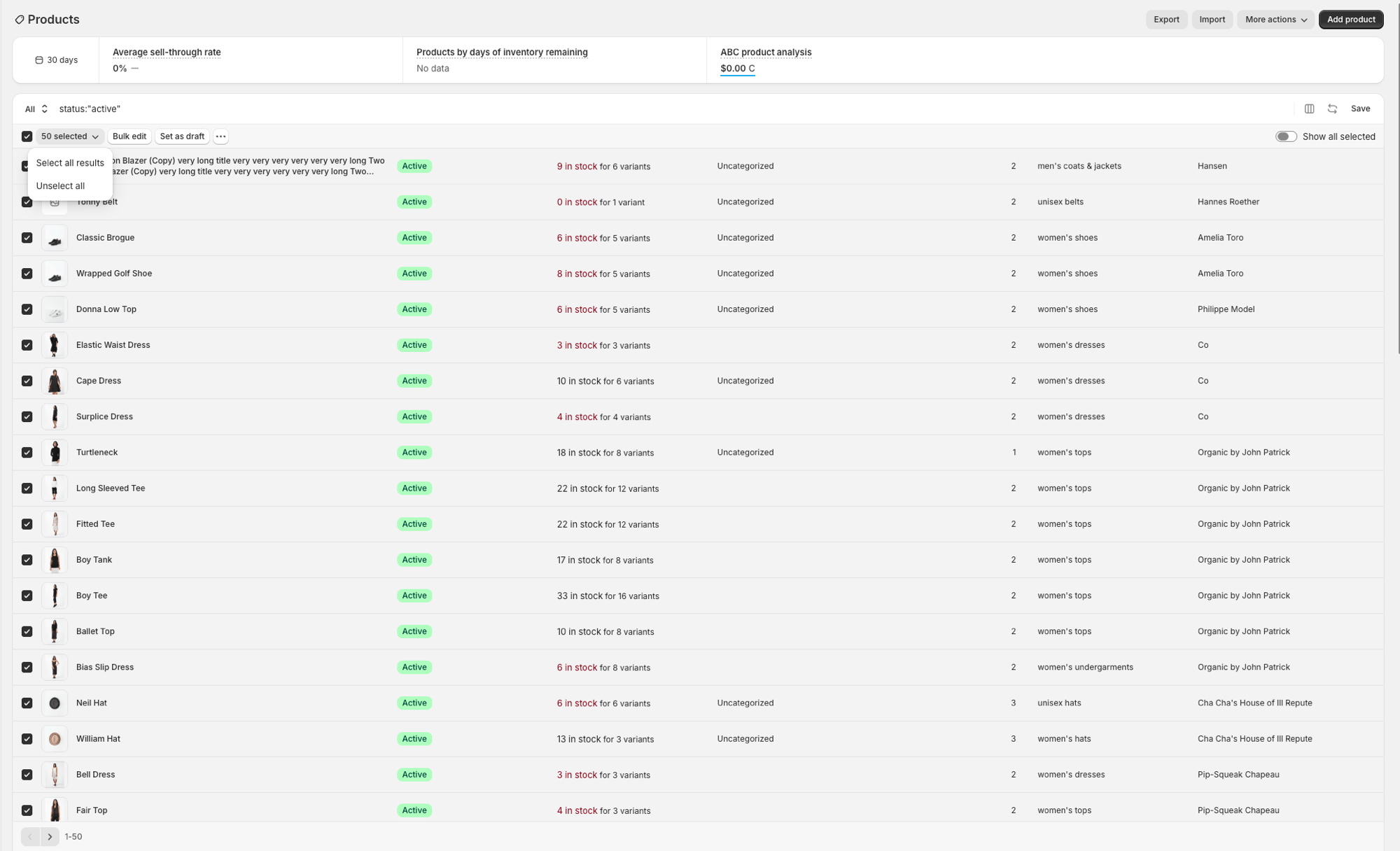 Select all results in Shopify Products