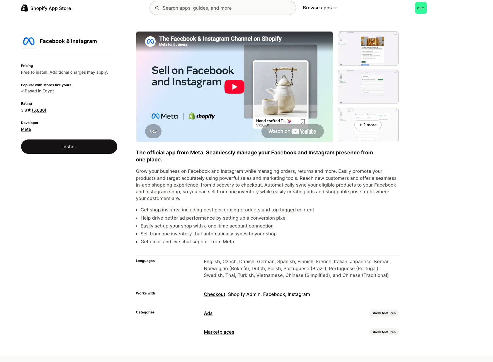 Facebook & Instagram app on the Shopify App Store