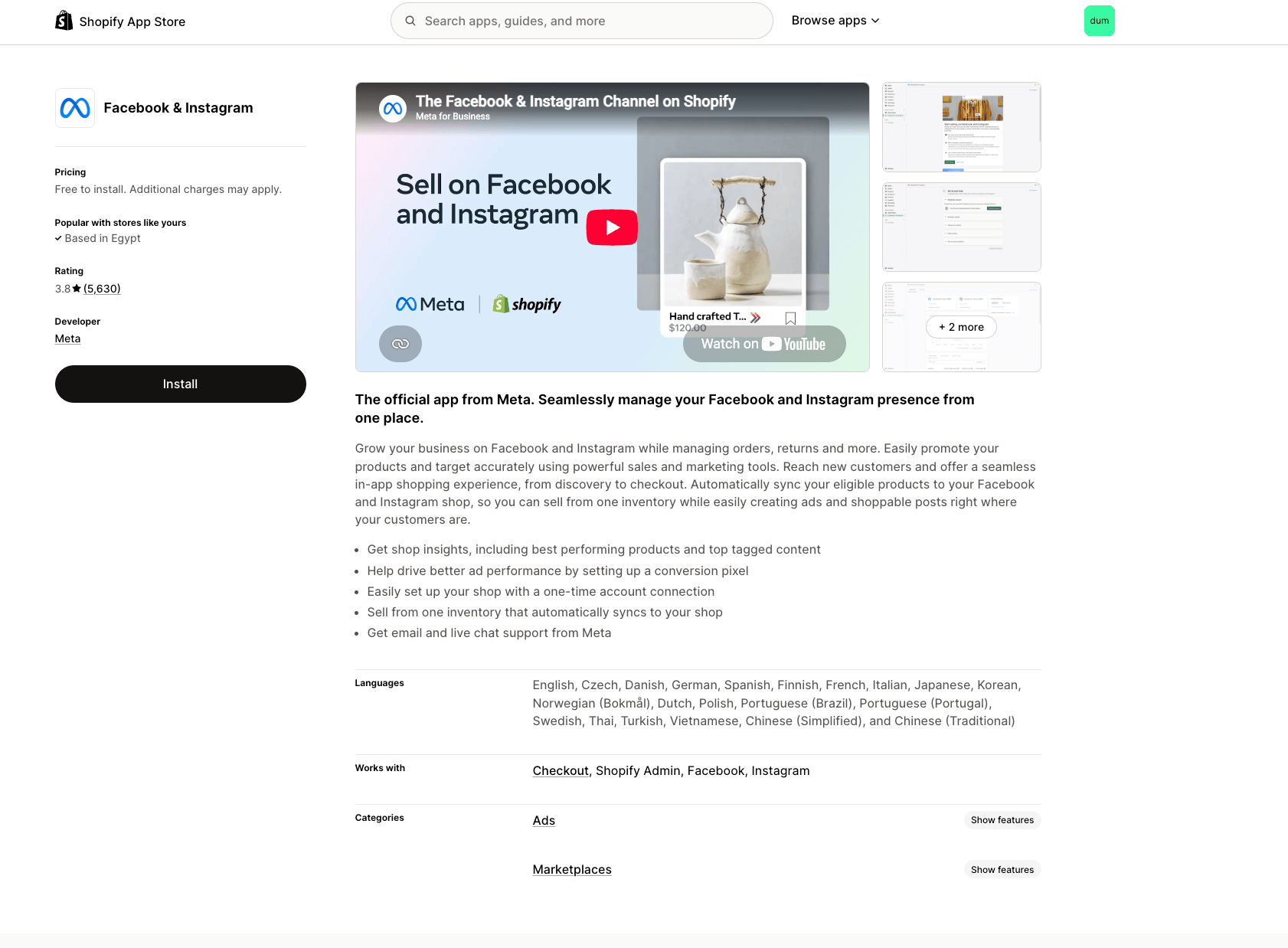 Facebook & Instagram app on the Shopify App Store