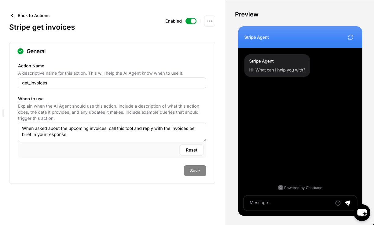 Selecting get invoices action from Stripe options