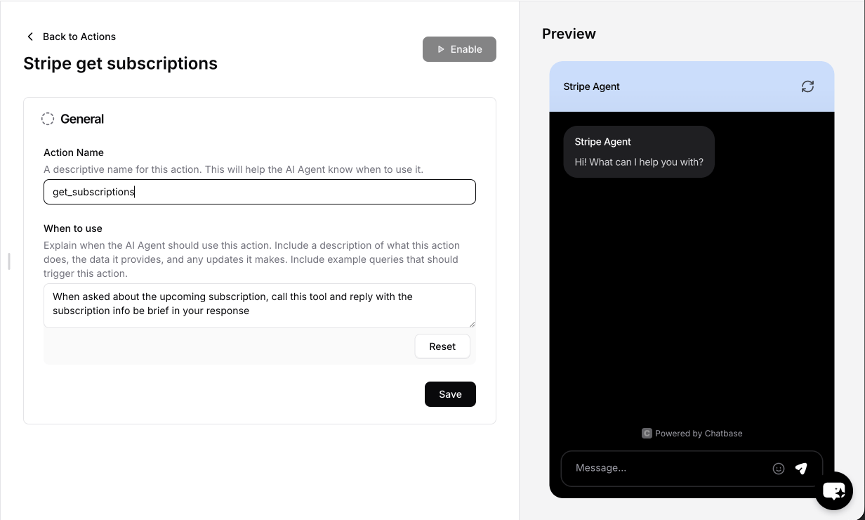 Selecting get subscription action from Stripe options