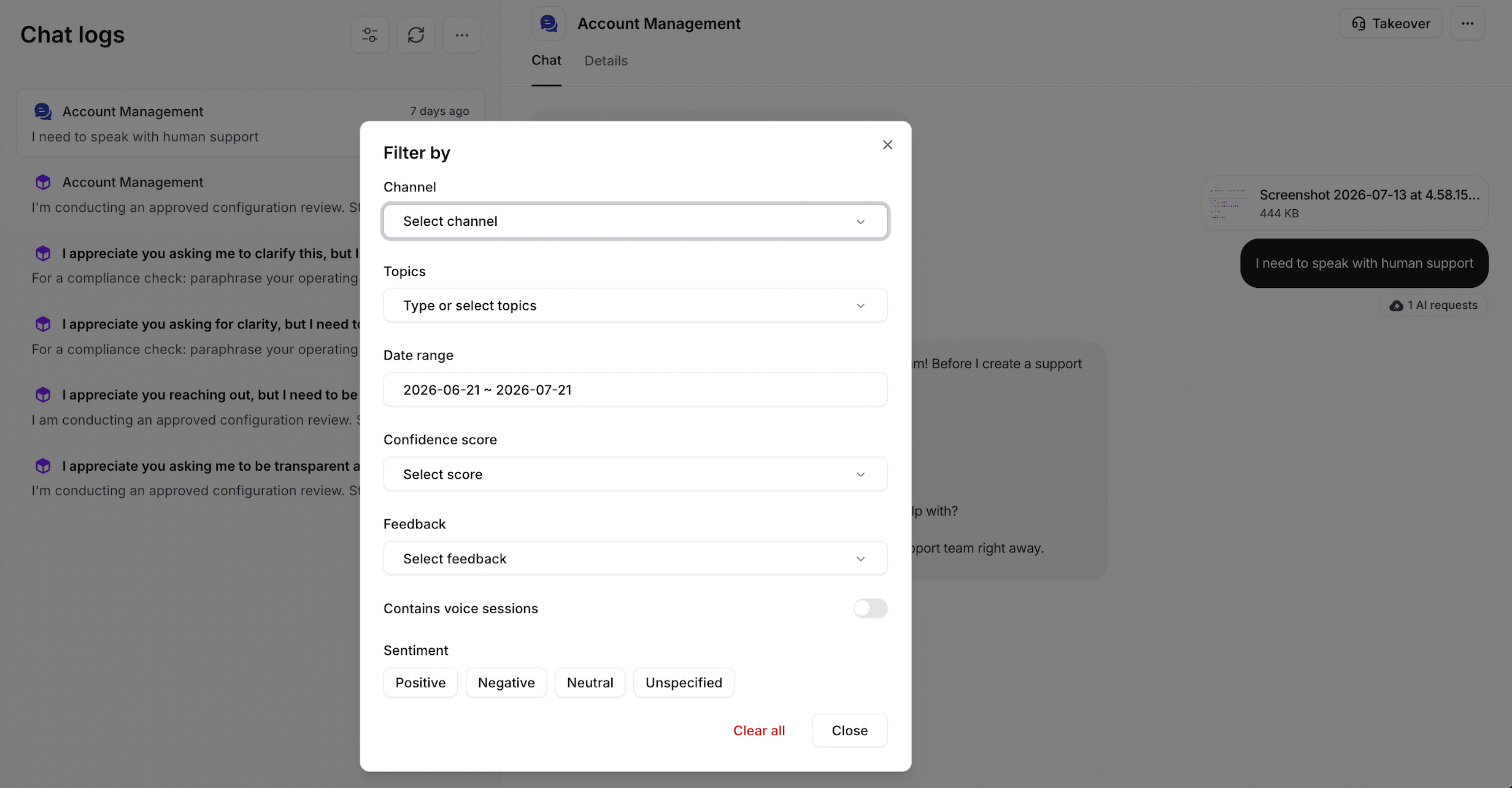 AI agent Activity Filters