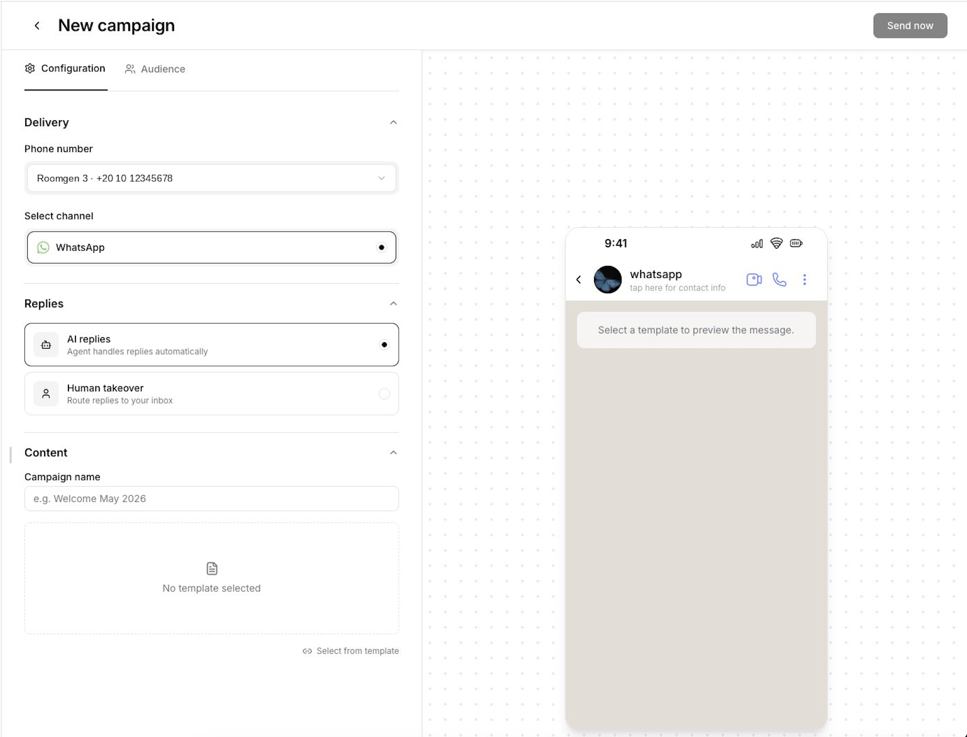 New campaign configuration page showing Delivery, Replies, and Content sections with a message preview