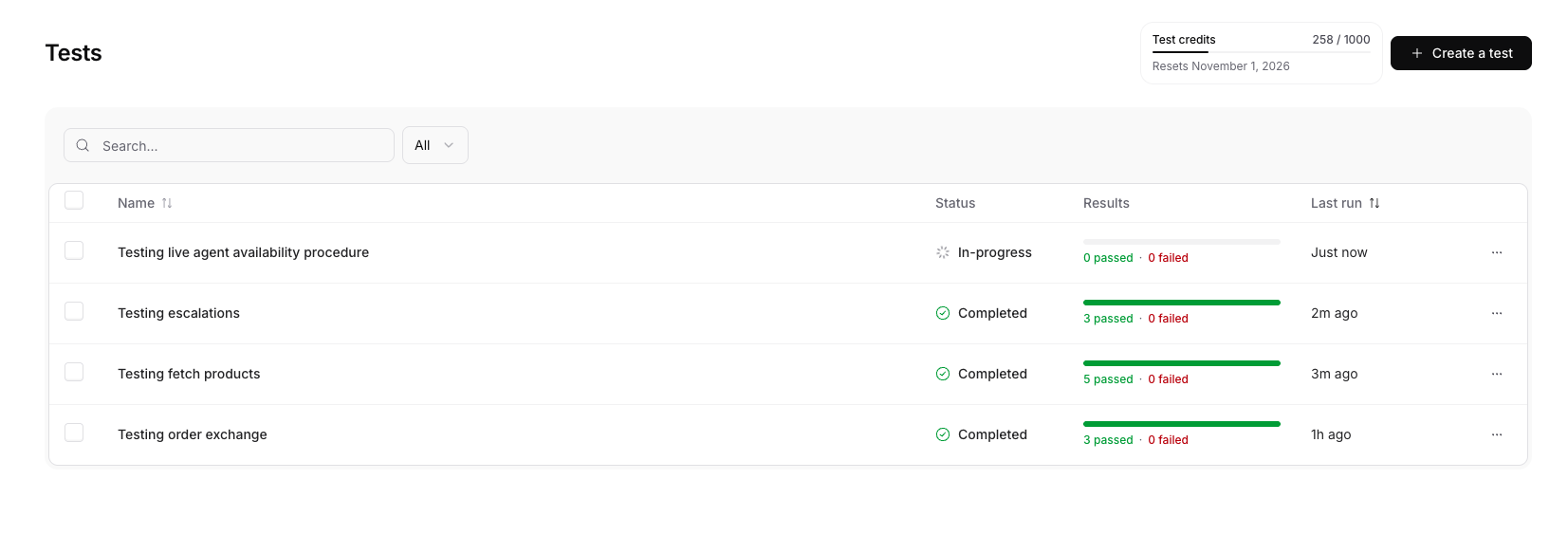 The Tests page, listing an agent's tests with their latest results