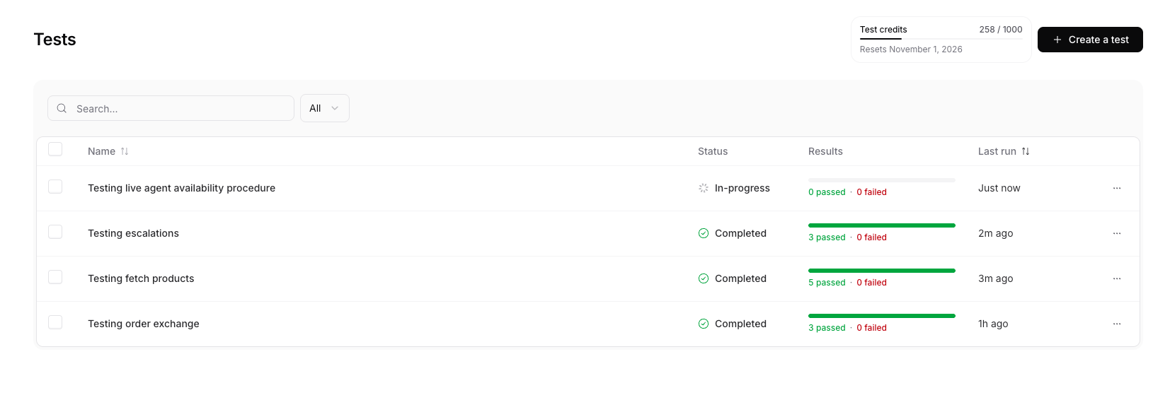 The Tests page, listing an agent's tests with their latest results