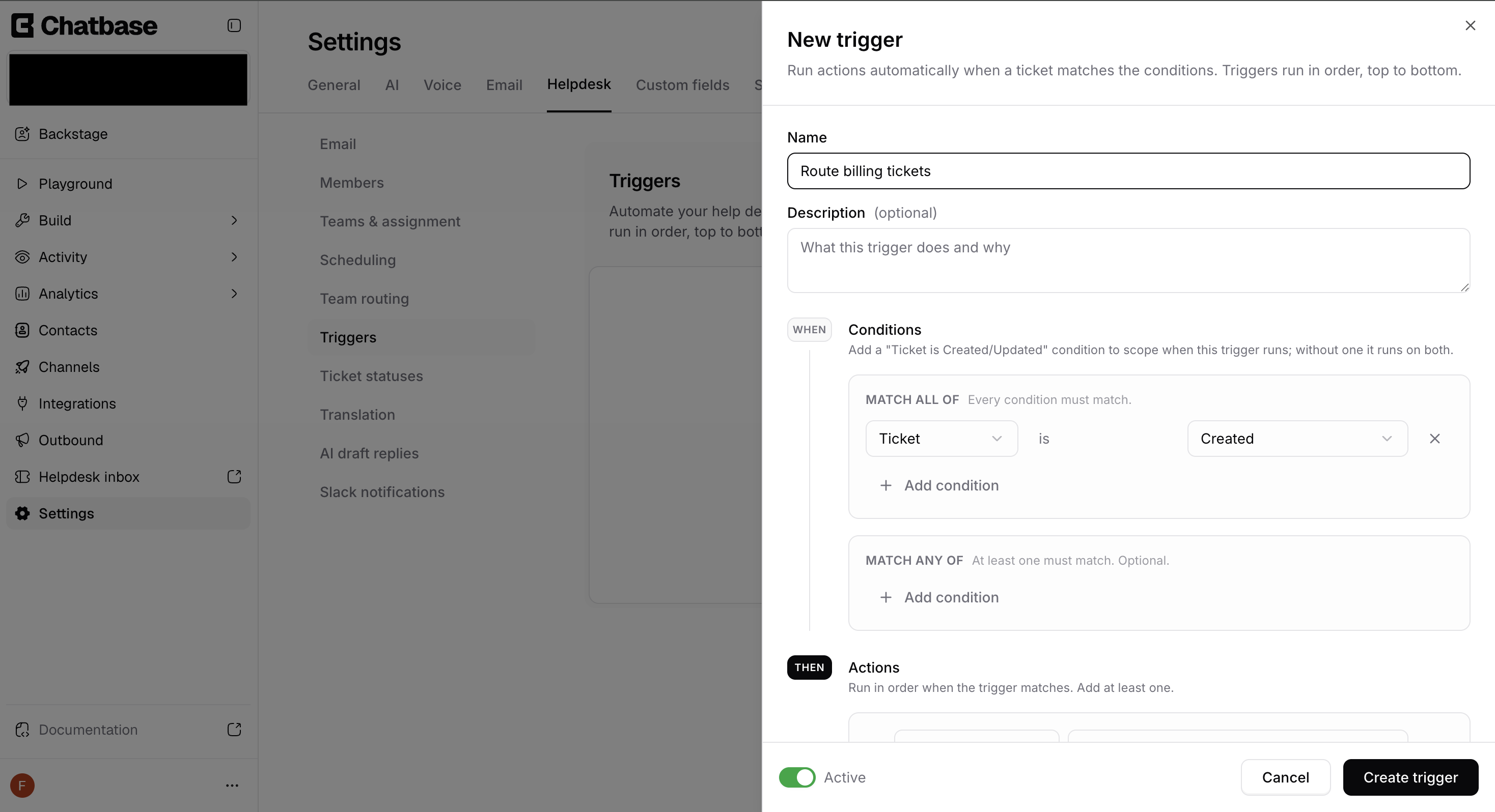 New trigger panel with name, conditions, and actions