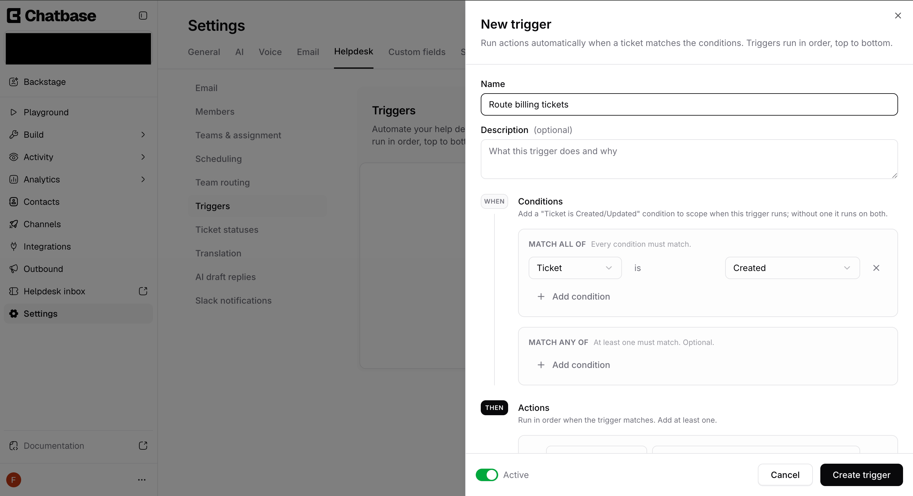 New trigger panel with name, conditions, and actions