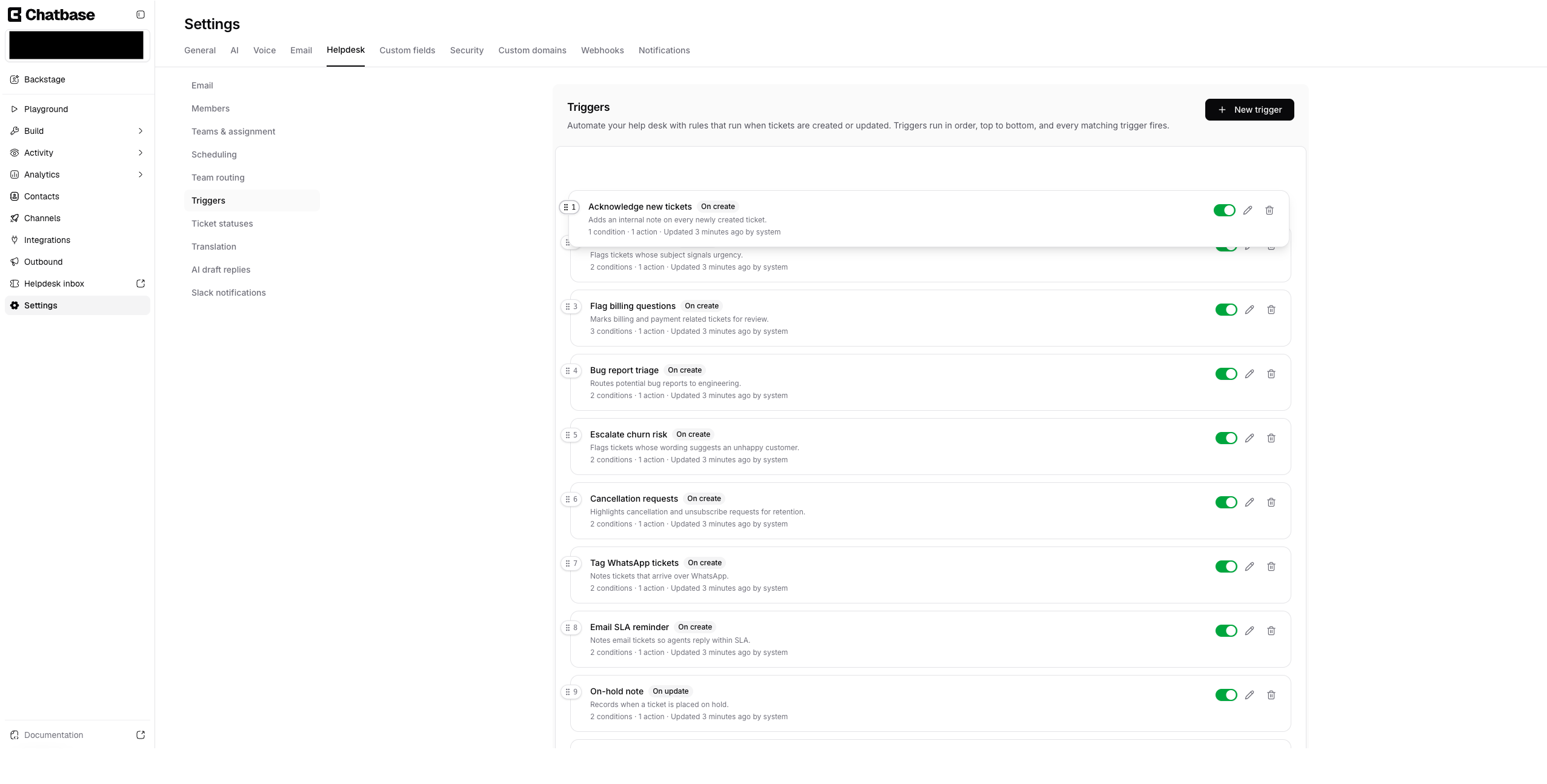 Dragging to reorder triggers in the list