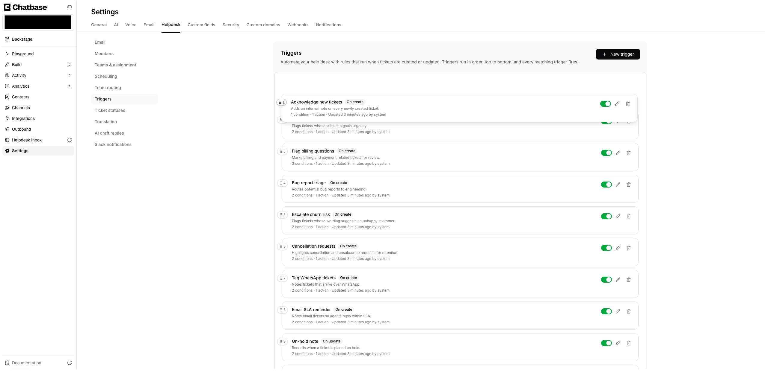Dragging to reorder triggers in the list