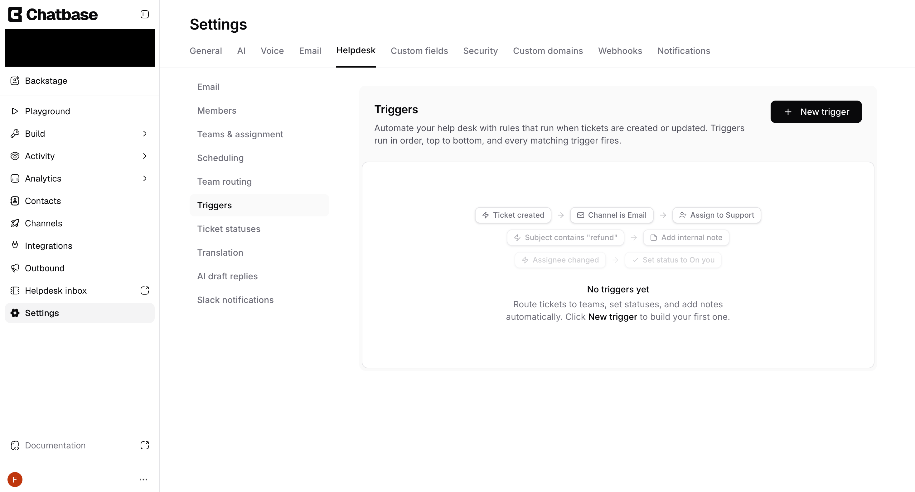 Triggers settings page listing existing triggers