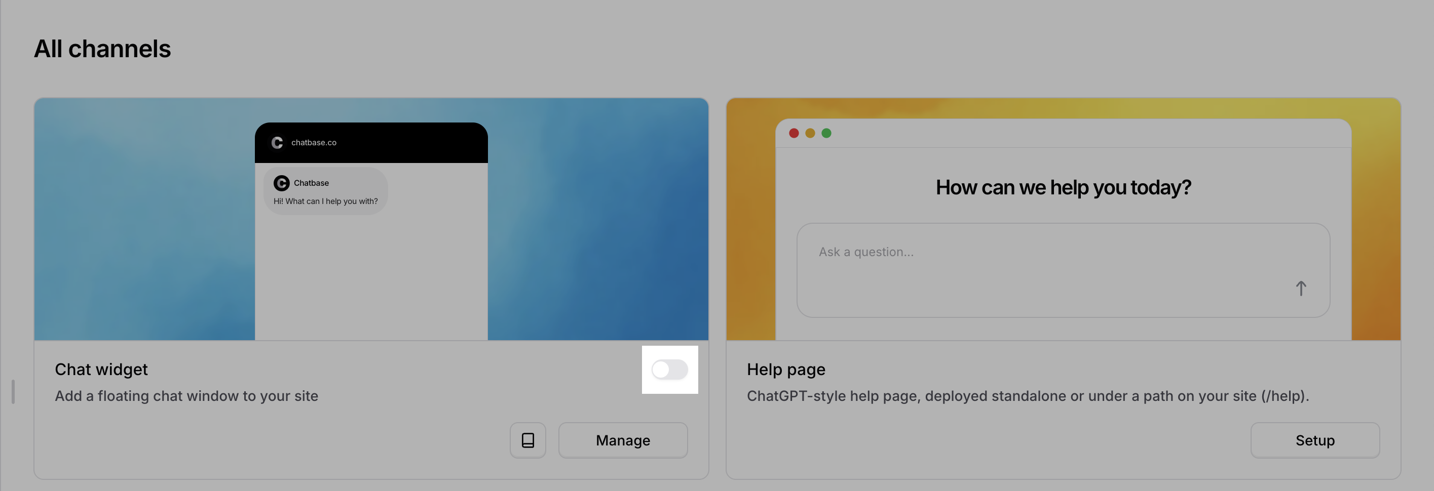 All channels view showing Chat widget card with toggle switch to enable the agent