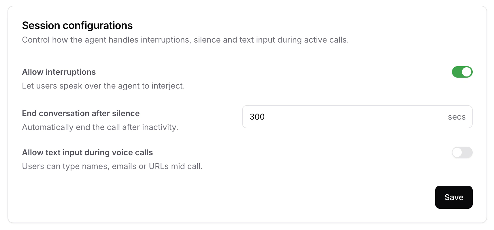 Voice session configurations settings