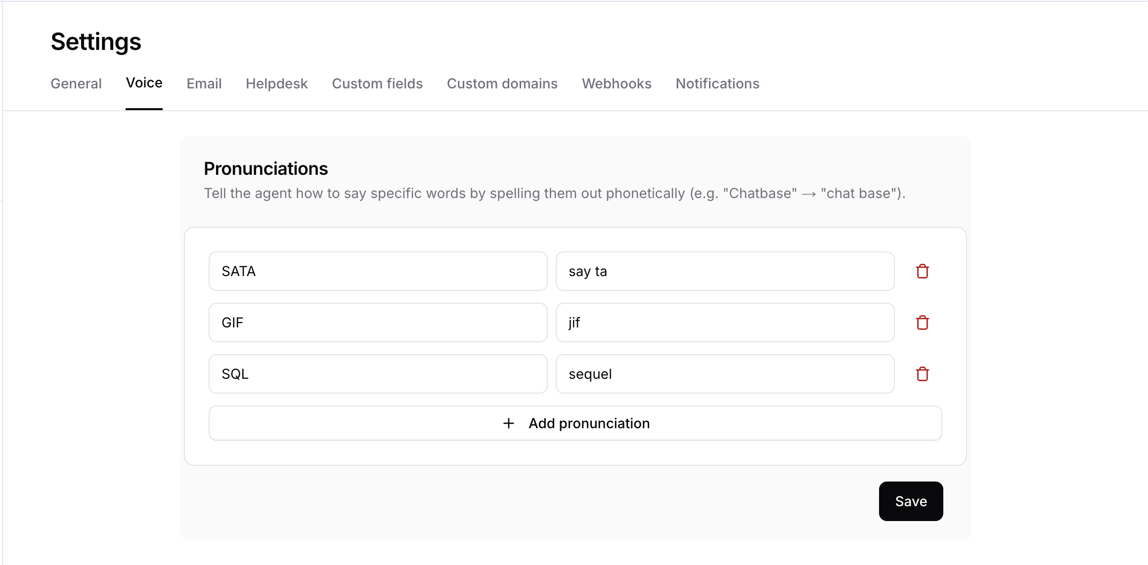 Voice pronunciations settings