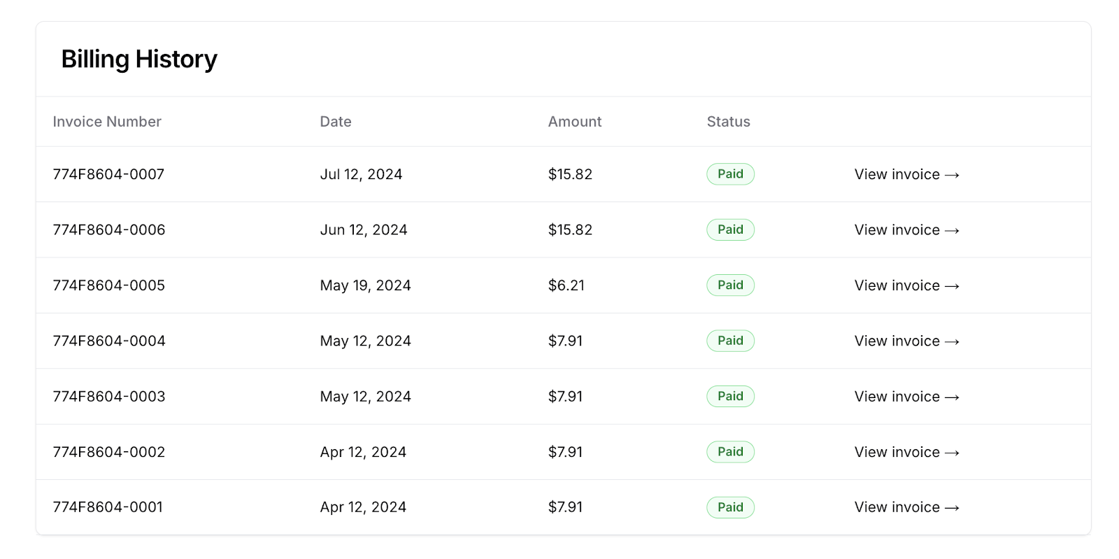 Team Settings Billing History