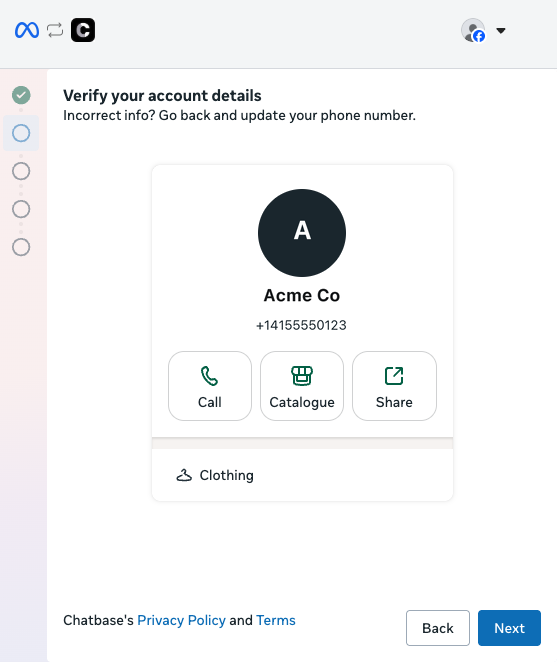 The Verify your account details screen showing the WhatsApp Business app profile