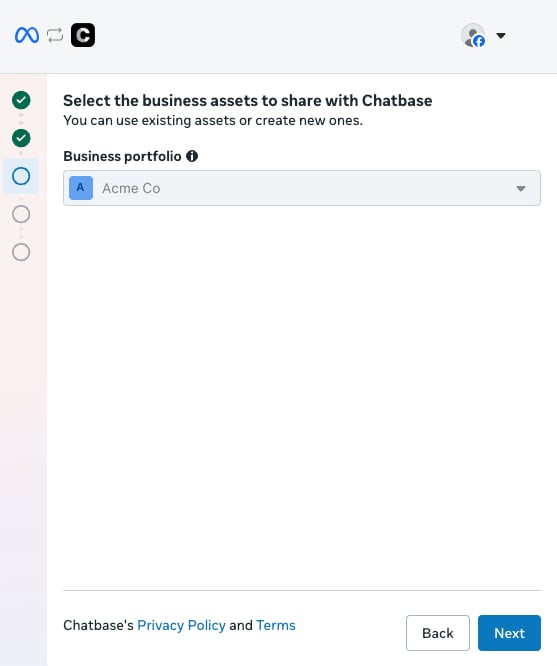 Selecting the business portfolio to share with Chatbase
