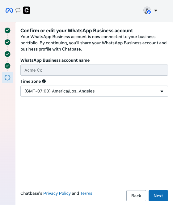 The Confirm or edit your WhatsApp Business account screen