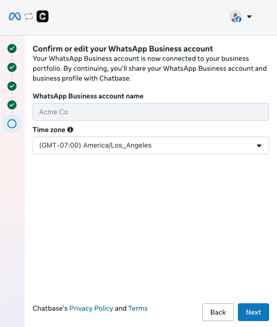 The Confirm or edit your WhatsApp Business account screen