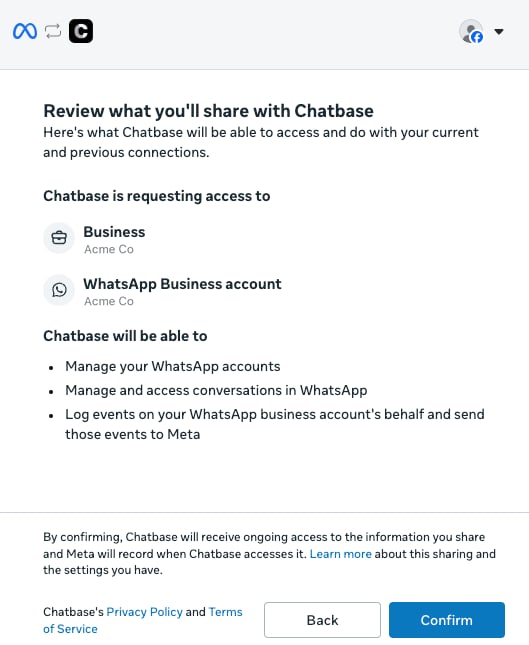 The Review what you'll share with Chatbase screen
