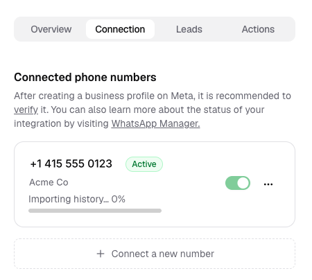 A WhatsApp number card showing the history import progress