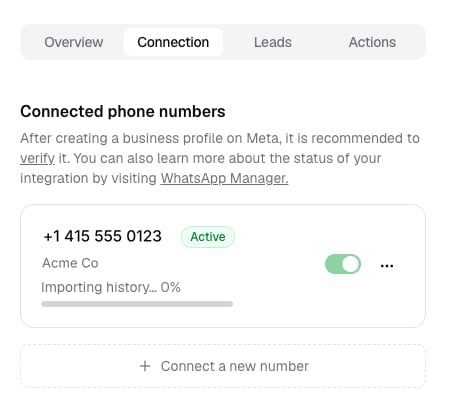 A WhatsApp number card showing the history import progress
