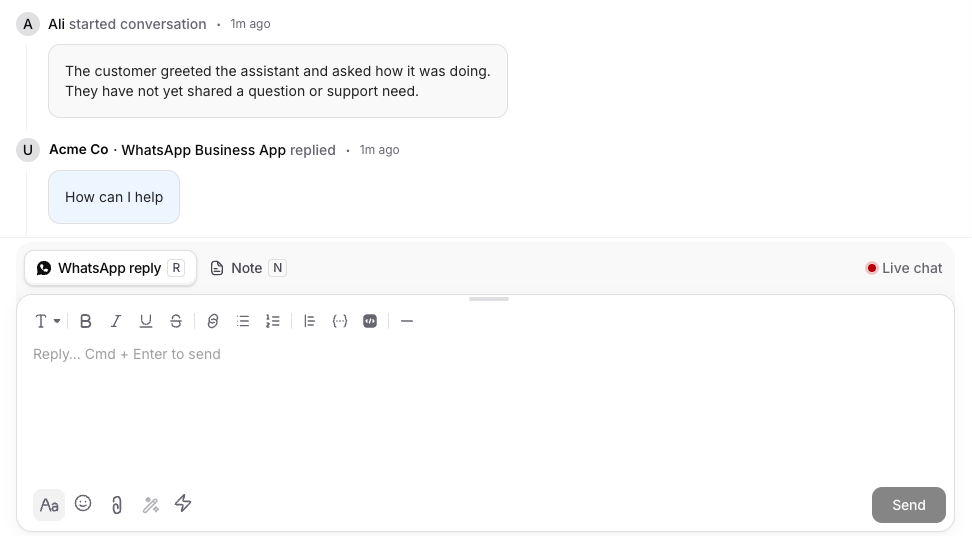A help desk ticket containing a reply sent from the WhatsApp Business app