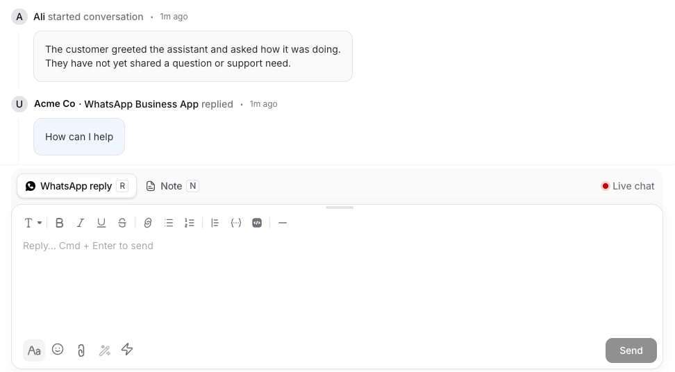 A help desk ticket containing a reply sent from the WhatsApp Business app