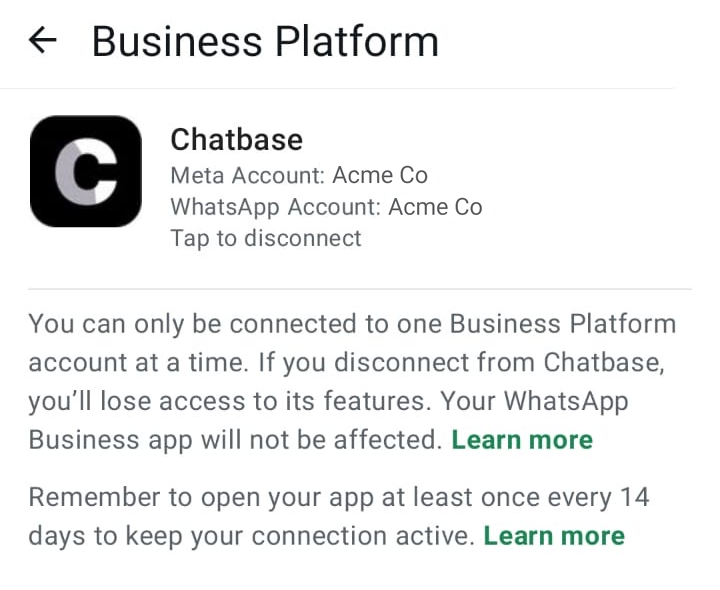 The Business Platform screen in the WhatsApp Business app, with Chatbase connected