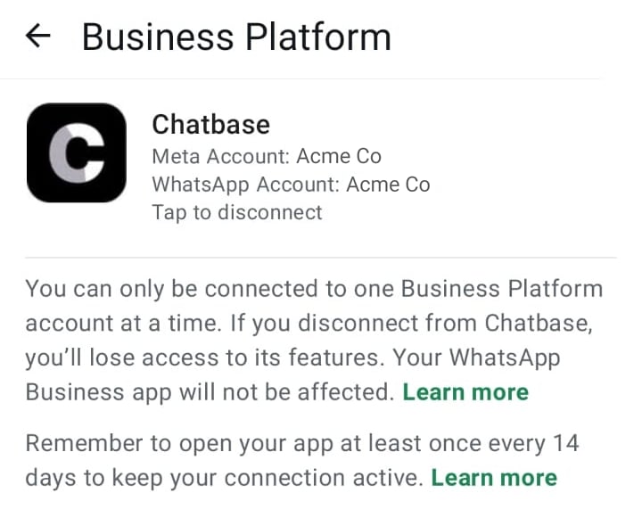 The Business Platform screen in the WhatsApp Business app, with Chatbase connected