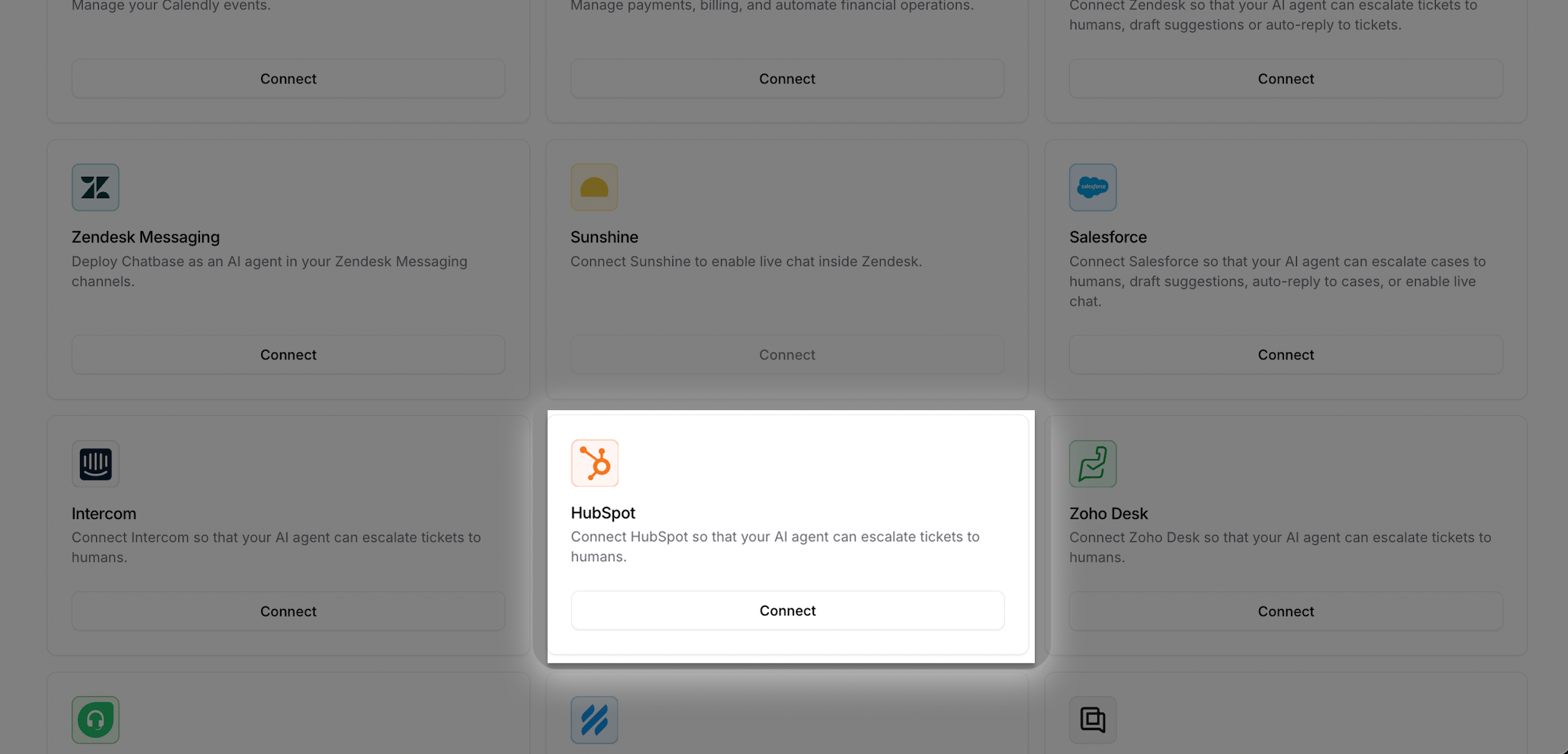 Integrations page with the HubSpot card