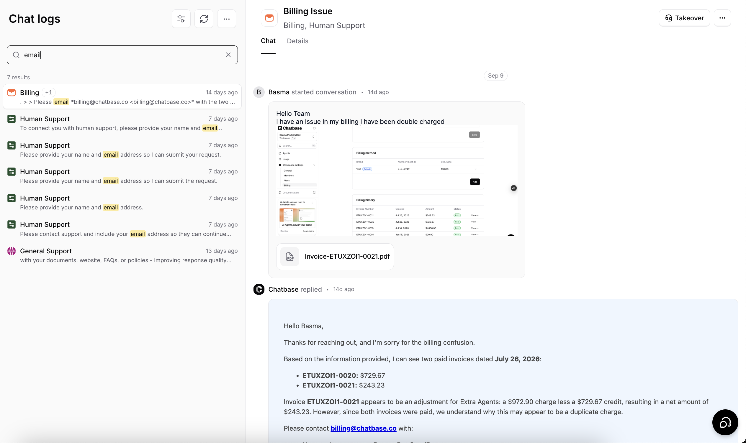 Searching chat logs for a word, with matches highlighted in the results