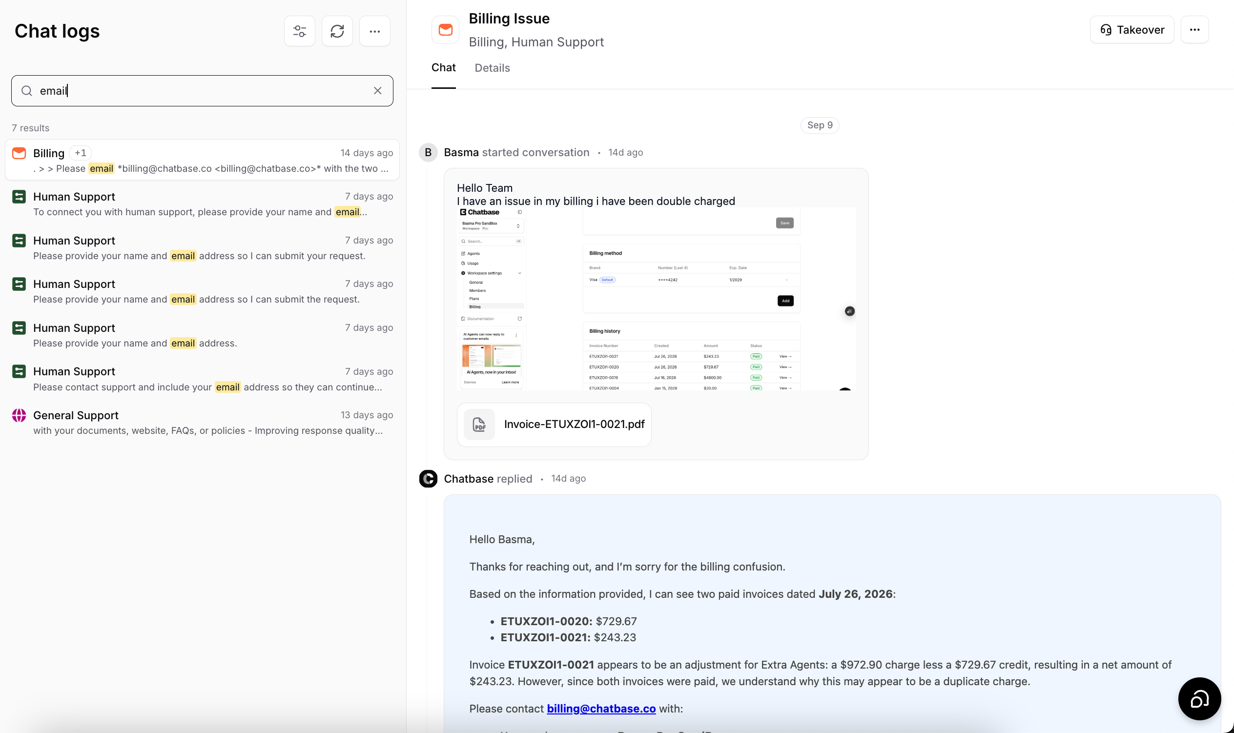 Searching chat logs for a word, with matches highlighted in the results