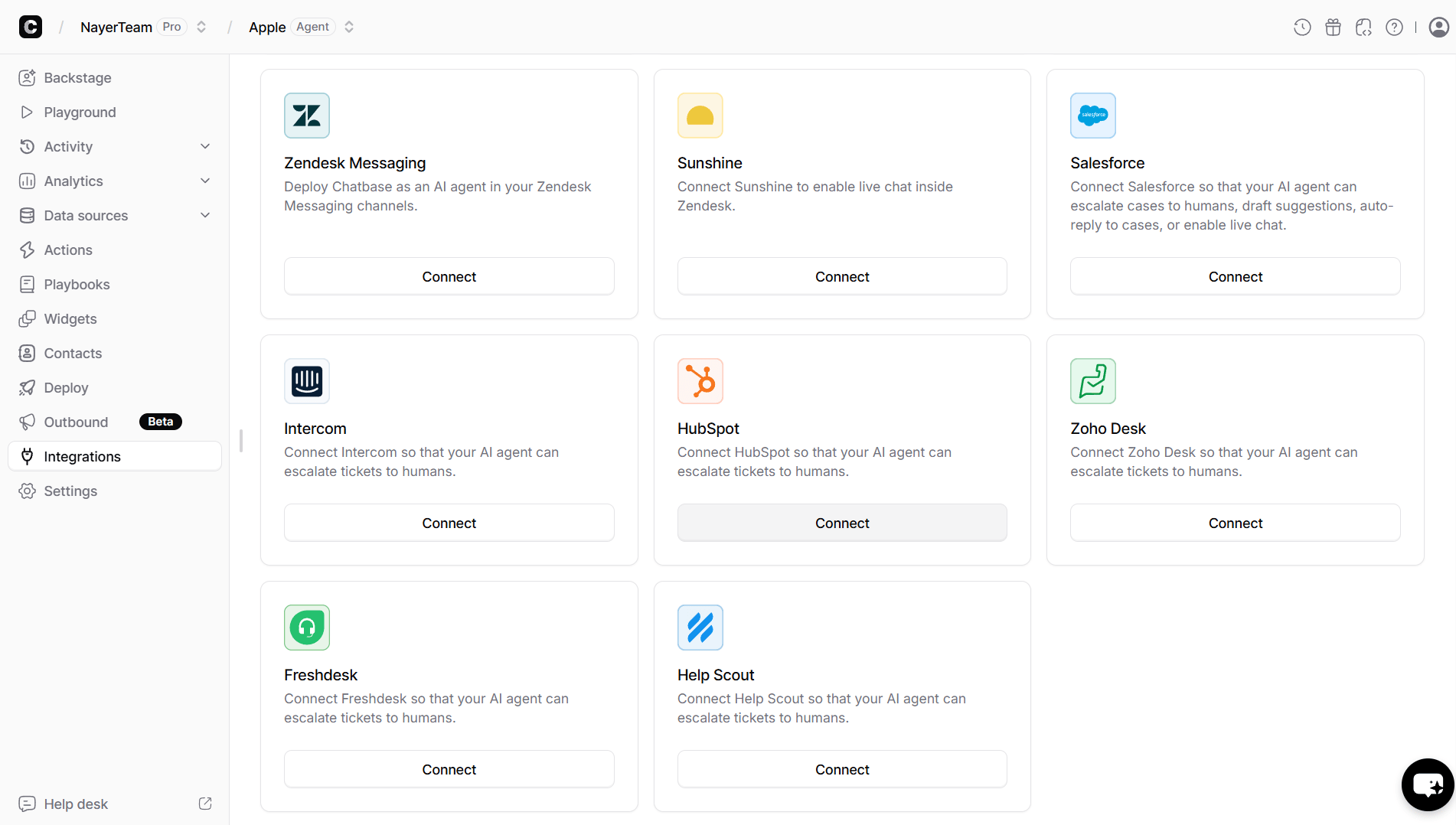 Integrations page with the HubSpot card