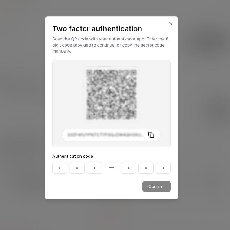 Two-factor authentication setup dialog in Chatbase showing the QR code and secret key