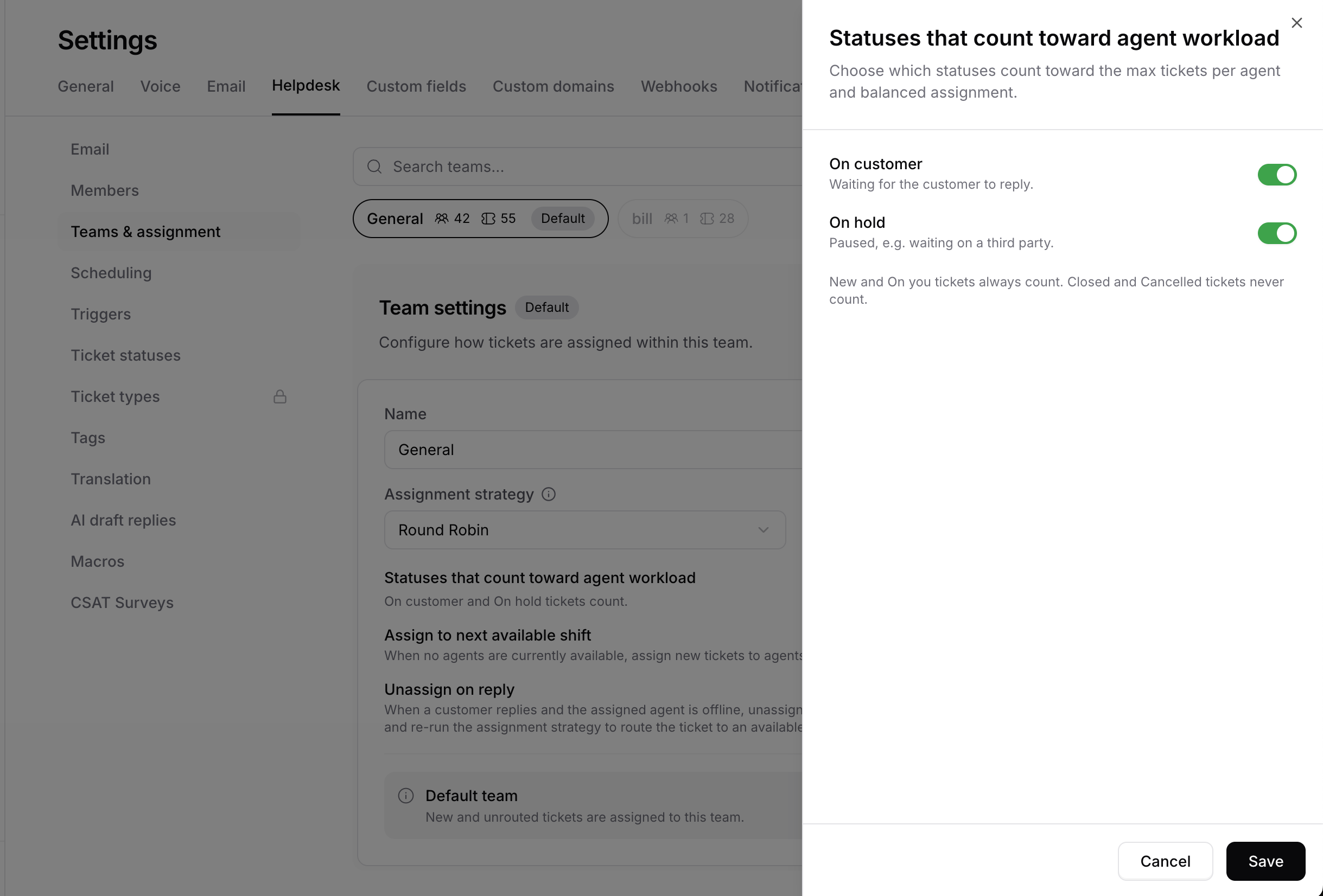 Statuses that count toward agent workload panel with the On customer and On hold switches both on (the default), and a note that New and On you tickets always count while Closed and Cancelled tickets never count