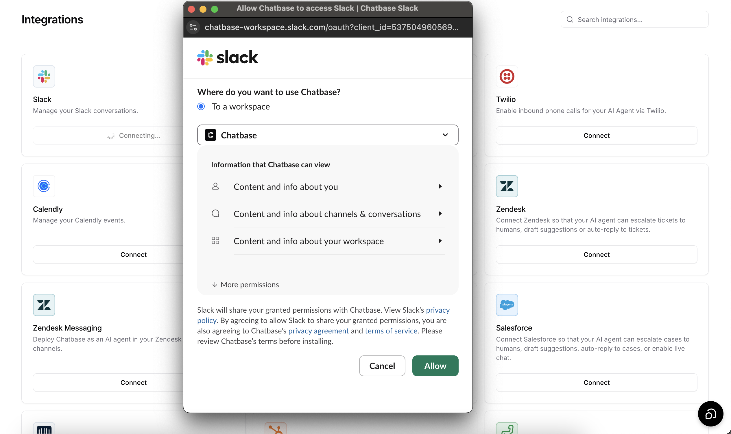 Slack authorization window with the workspace picker, Chatbase permissions, and Allow button