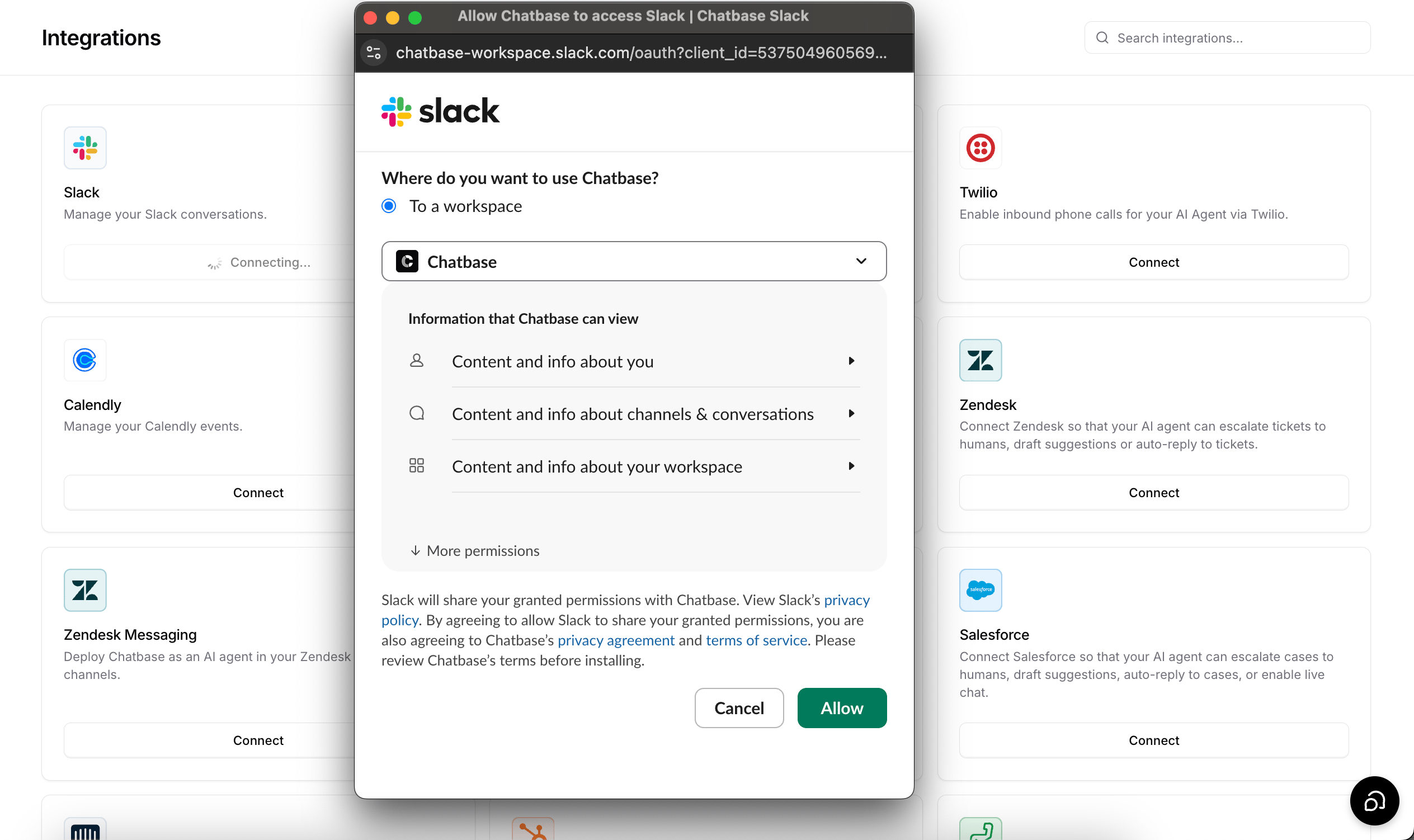Slack authorization window with the workspace picker, Chatbase permissions, and Allow button