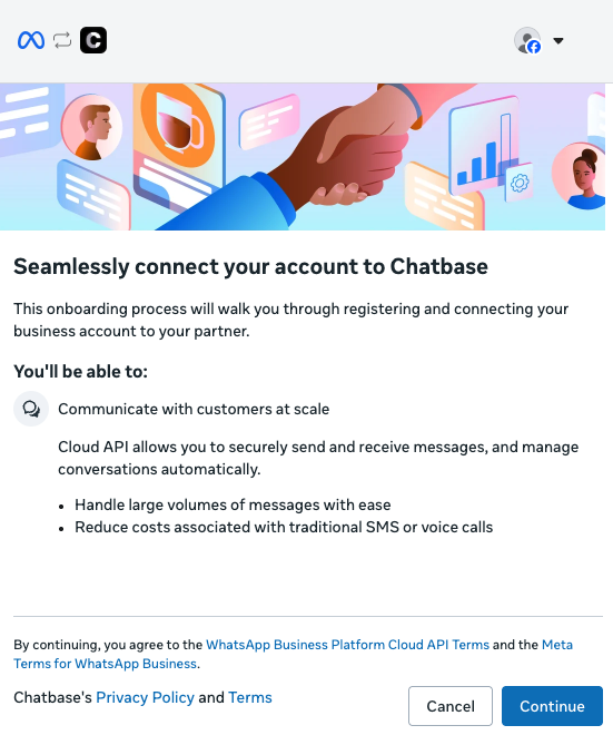 Meta's Seamlessly connect your account to Chatbase screen