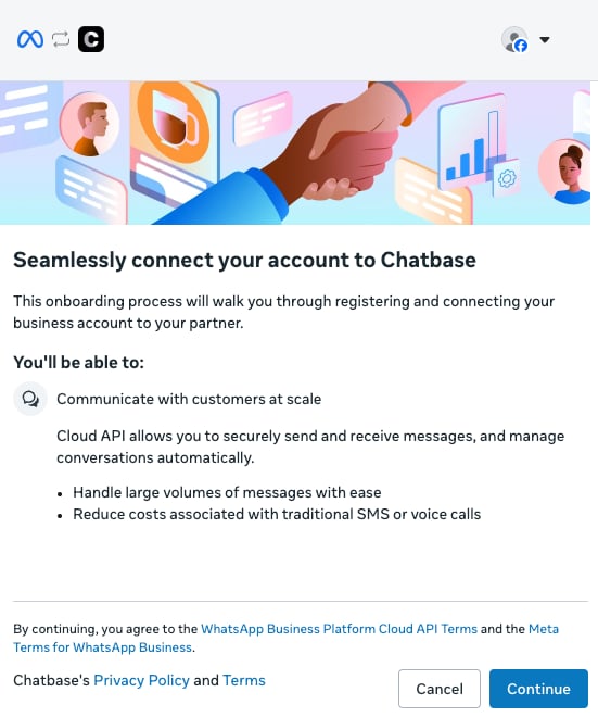 Meta's Seamlessly connect your account to Chatbase screen